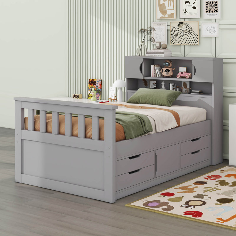 Twin Size Captain Bed With Bookcase Headboard, 4 Drawers, Storage Shelves