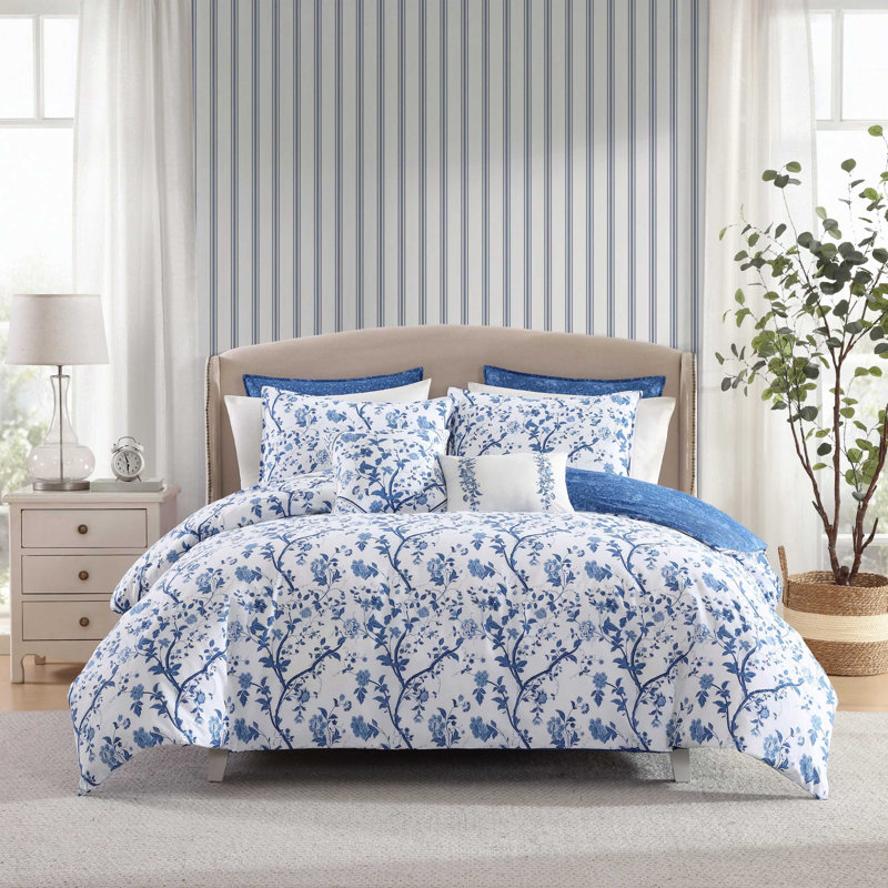 King Blue Cotton Reversible Floral Comforter Set
