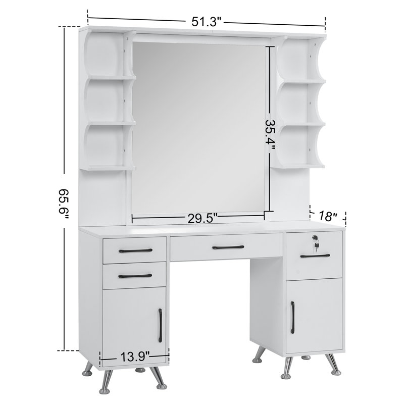 White Modern Vanity Table Set with Mirror and Storage