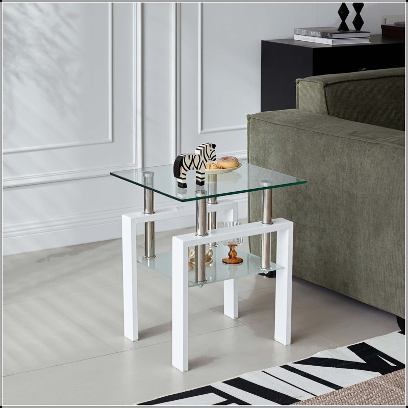 Table de bout en verre trempé blanc, Plateau transparent / base blanche