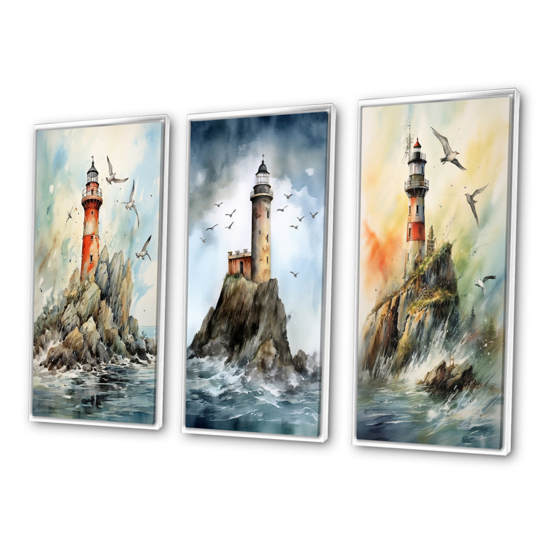 «Ocean Watchtower», 3 pièces sur toile, Cadre flottant blanc, H 28 po x l 36 po