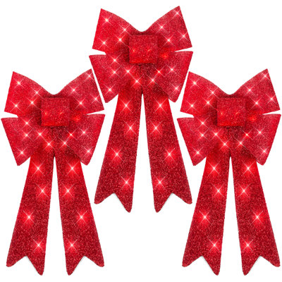 Set Of 3 Pre-Lit Christmas Bows, Indoor/Outdoor LED Holiday Decor W/ 8 Light Functions - Red