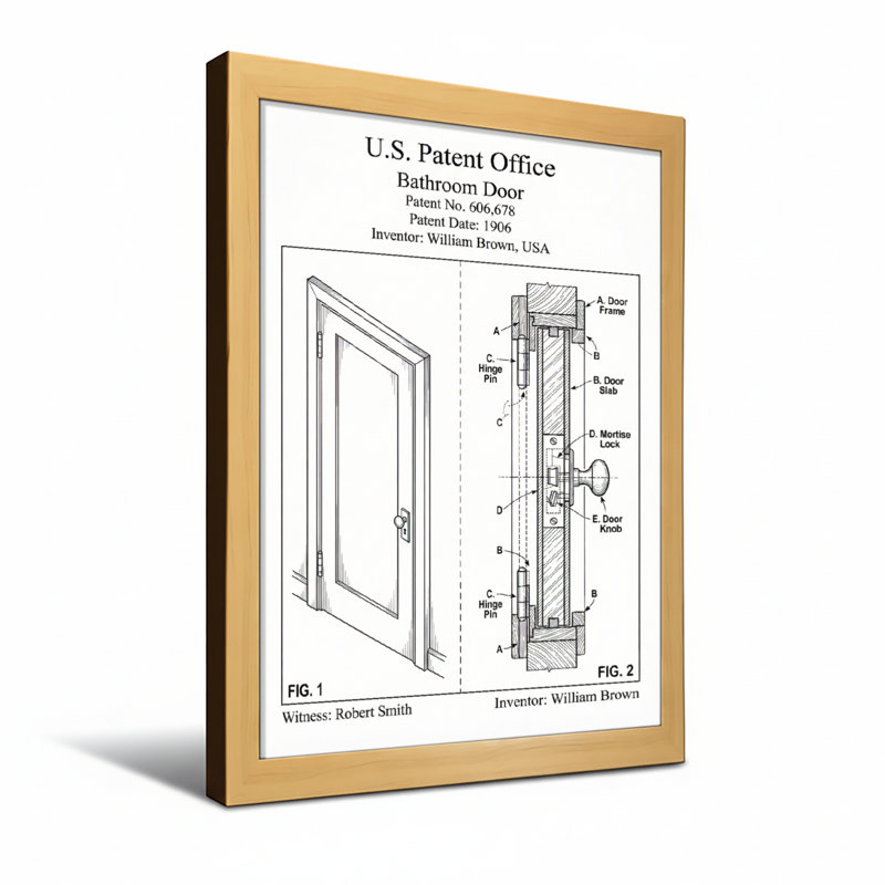 Schéma de brevet de porte de salle de bain avec étiquettes, H 30 po x l 20 po, Beige Wood Grain