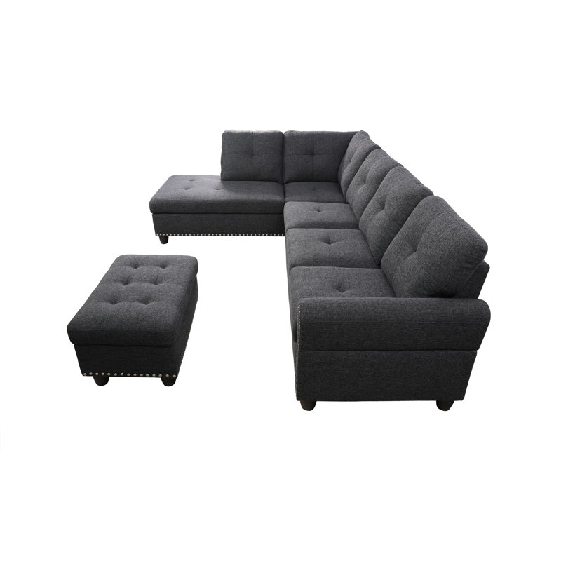 Ahuva Upholstered Sectional Left Hand Facing, Black Linen, Left Hand Facing