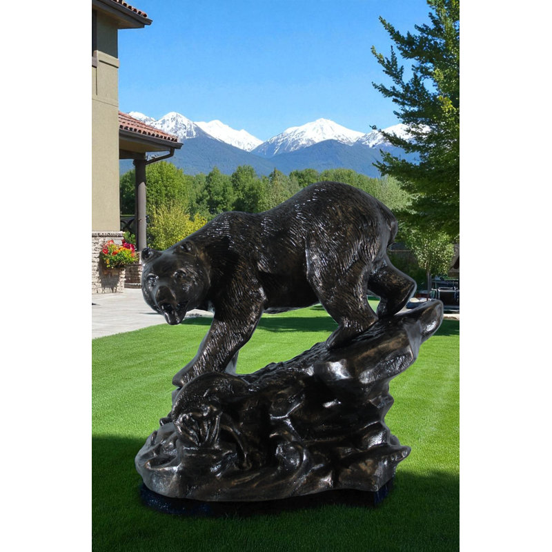 Statue de poisson attrapant Nifao en aluminium avec détail de roche de rivière - sculpture réaliste de la faune, finition bronze, 25 po x 15 po x H 22 po