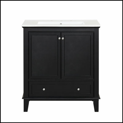 Compact Vintage Style Bathroom Vanity Cabinet with Ceramic Sink, Space-Saving and Elegant Design for Modern Bathrooms.