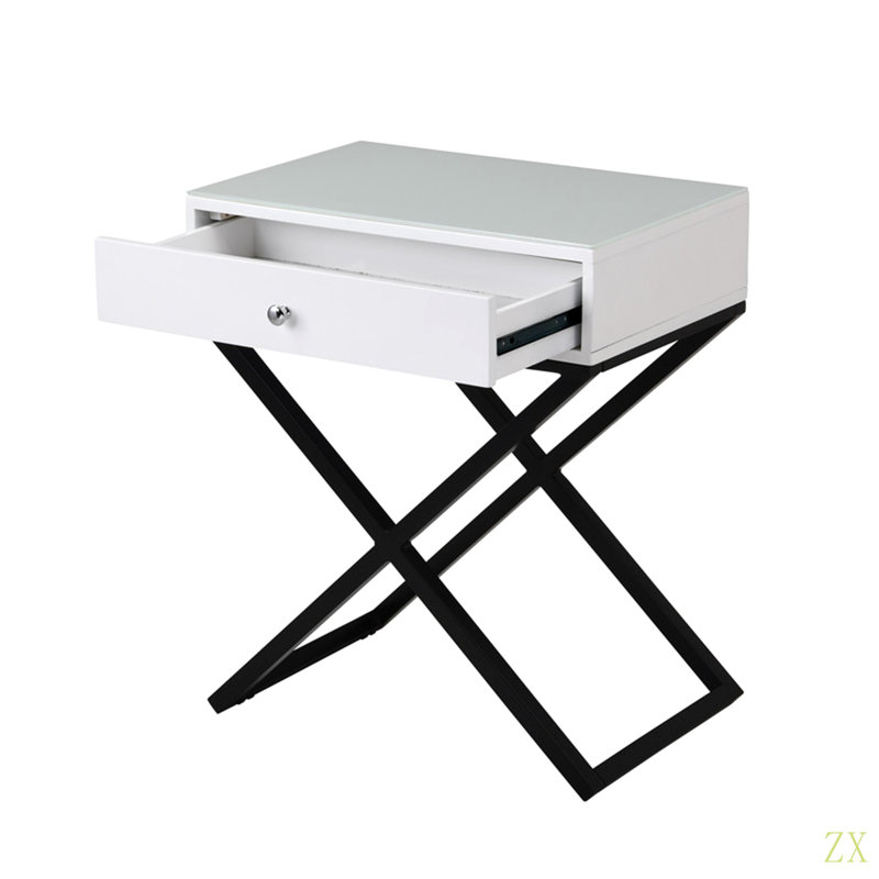 Table de chevet en bois Koda 23 po avec plateau en verre, tiroir et base en métal, Blanc