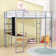 Lit mezzanine double avec bureau intégré et tablettes, échelles