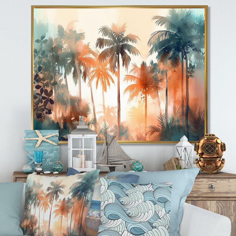 Art floral sur toile majestueux, palmiers tropicaux I, H 16 po x l 32 po x P 1 po, Cadre flottant doré