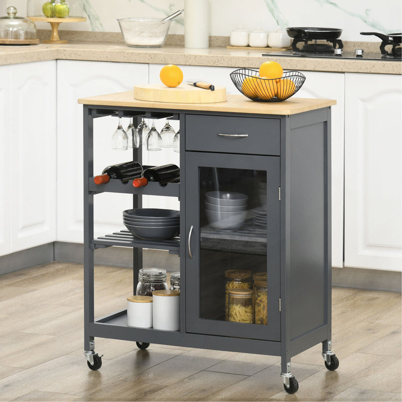 Rolling Kitchen Cart with 4-bottle Wine Rack, Gray/Natural