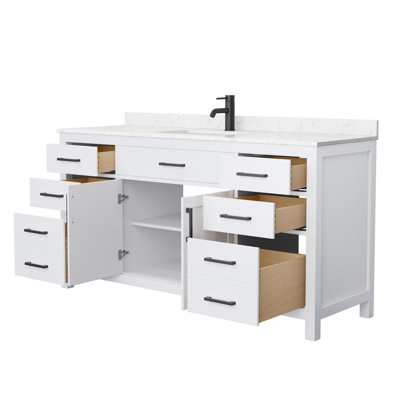 Beckett 66" Freestanding Single Bathroom Vanity with Cultured Marble Top, White, Matte Black, Carrara Cultured Marble