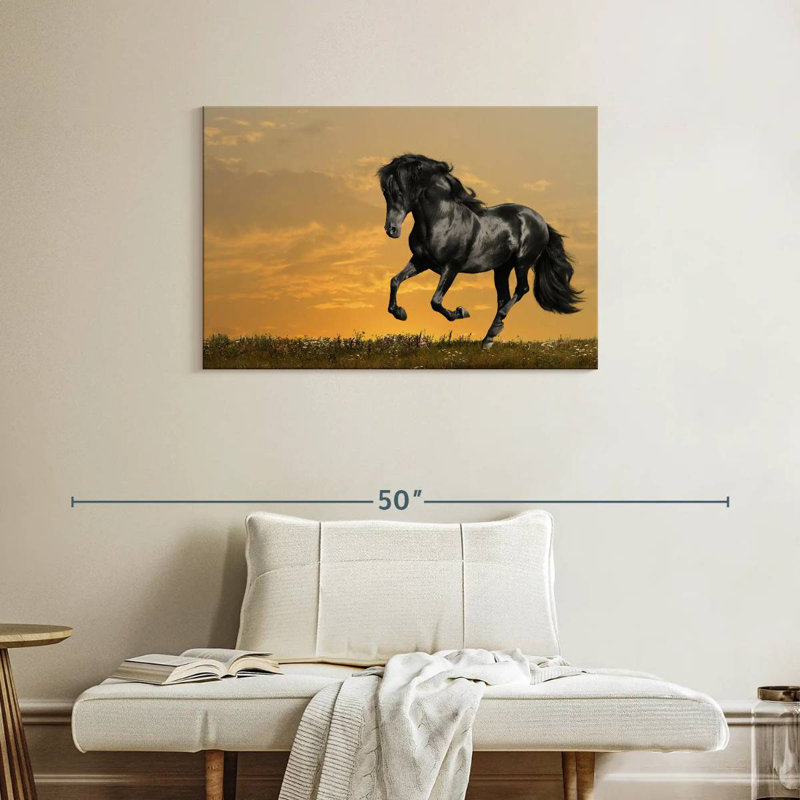 Cheval noir Brampt au coucher du soleil, H 24 po x l 36 po