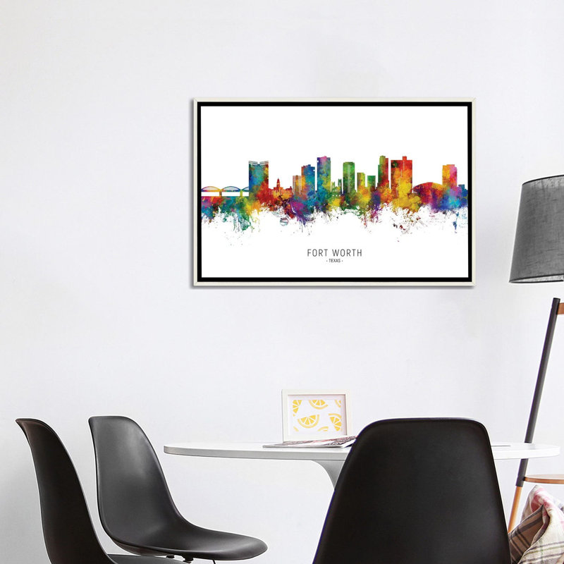 «Rainbow Splash Fort Worth Texas Skyline», reproduction d'art murale encadrée, H 32 po x l 48 po, Blanc