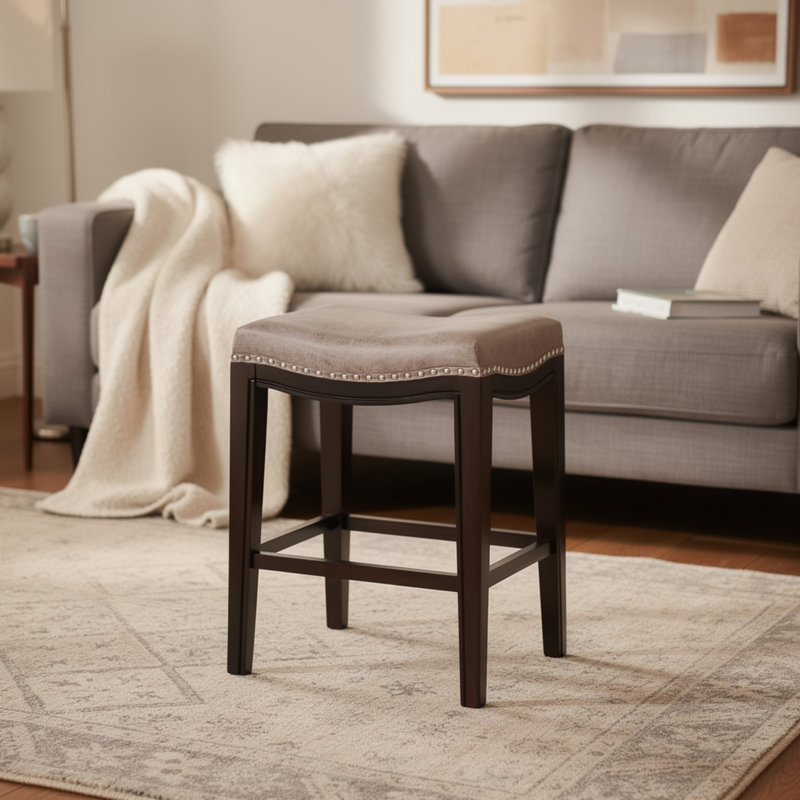 Ensemble de 2 tabourets de comptoir Feine, garniture cloutée, similicuir gris taupe