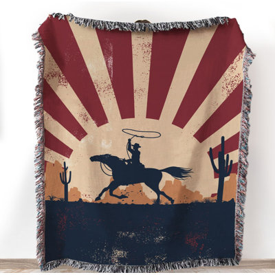 Whipping Cowboy at Sunset 100% Cotton Blanket