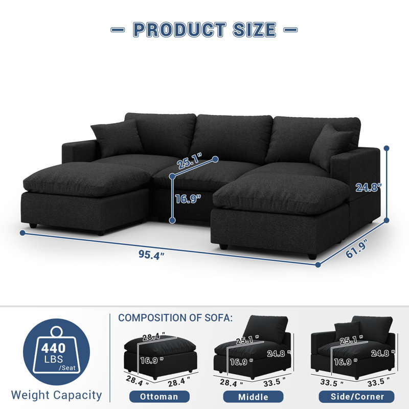 Cloud Couch Modular Sectional Sofa, Deep Seat Convertible Modular Couches For Living Room, Modern Comfy Down Filled Soft Cloud Sectional Sofa With Movable Ottoman