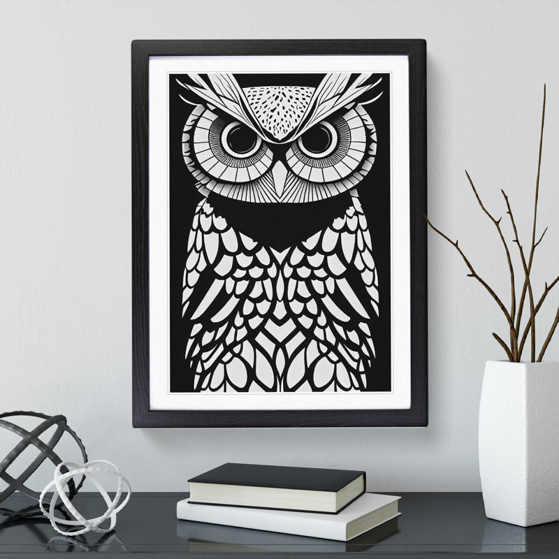 Owl Monochrome No.1 - Single Picture Frame Painting, Black, 64cm H x 46cm W x 2cm D