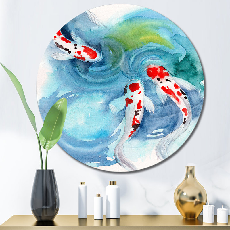 Trois poissons Koi avec des taches dans l'eau - peinture sans cadre sur métal