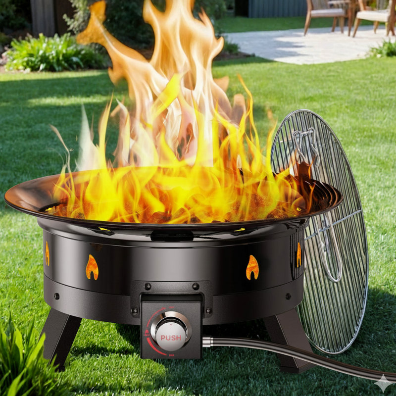 Portable Propane Fire Pit with Grill Grate & Tabletop Lid, Outdoor Fire pit, 58,000 BTU Heat, 9.88" H x 20.67" W  x 20.67" D