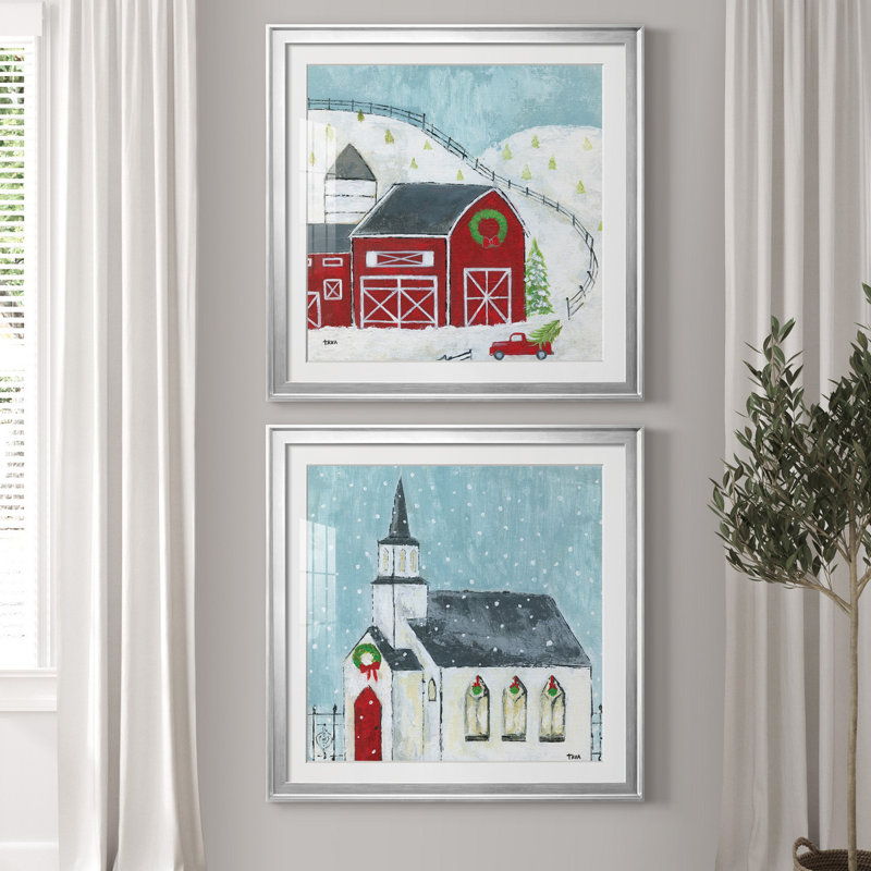 Christmas Barn - ensemble d'impressions 2 pièces, H 26,5 po x l 53 po x P 1,5 po, Papier avec cadre argenté, Blanc