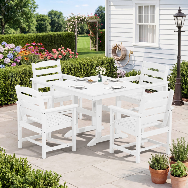 5-Piece Outdoor HDPE Dining Set, Patio Table With 4 Wide Armrest Chairs, All-Weather Garden Dining Furniture In White, White