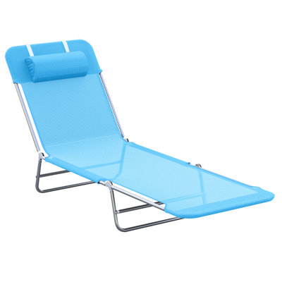 Folding Outdoor Sun Tanning Chair With Pillow - , Reclining Back, Steel Frame, Breathable Mesh For Pool, Beach, Yard, Patio Blue Blue, Pillow, Frame & Mesh, Adjustable Patio, Yard