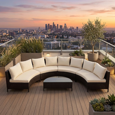 5 Pieces Patio Sectional Furniture Set Half-moon Sofa Set With Tempered Glass Table 