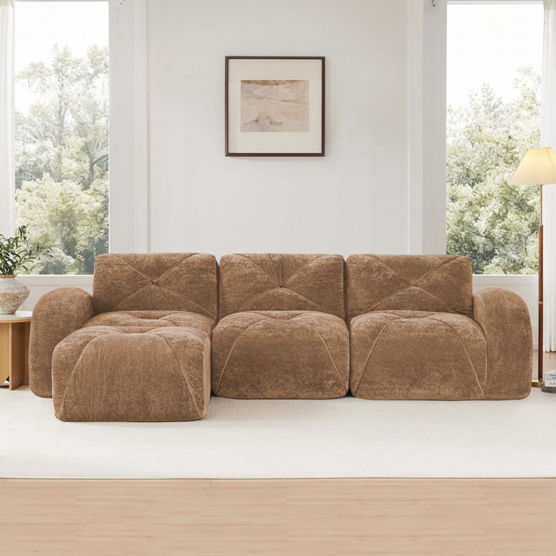 Canapé capitonné à 3 places avec canapé sans os et 1 repose-pieds, 29.9" H x 110.6" W x 67.3" D, 3, Velours brun clair