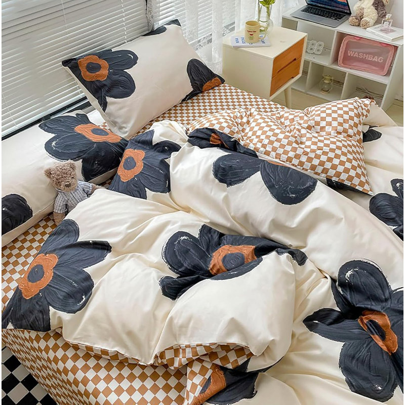 Ensemble d'édredon floral noir et blanc pour lit simple Big Flower Chic Bedding, Édredon simple + 2 taies d'oreiller standard
