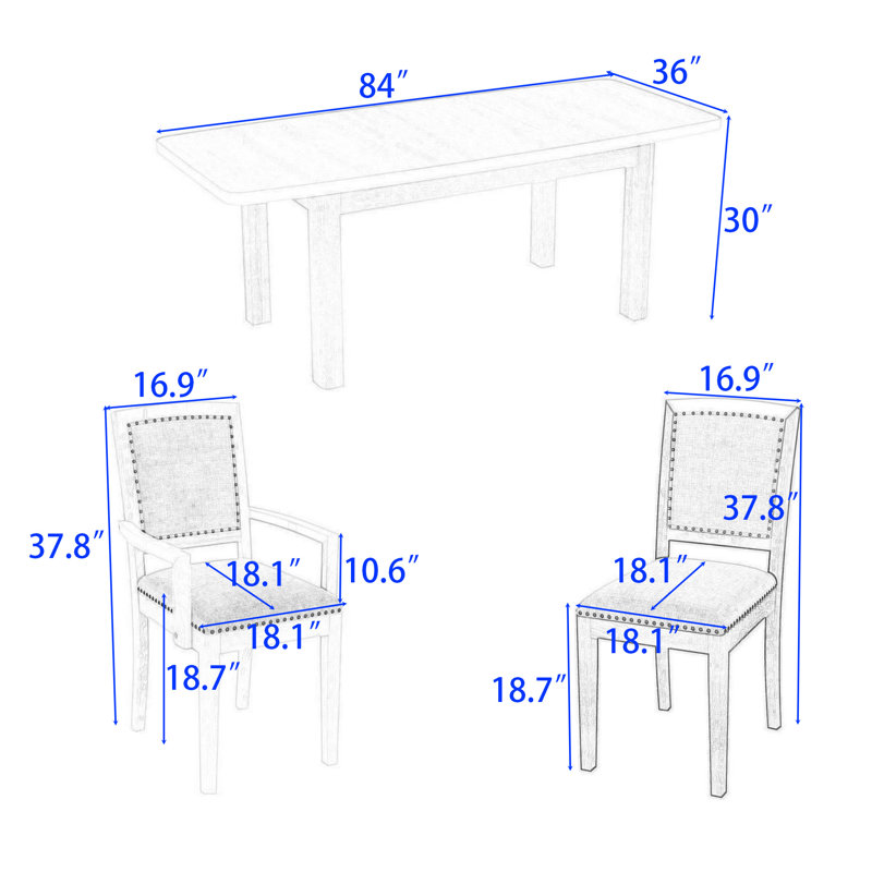 9-Piece Wood Dining Set with Removable Leaf and Chairs, Black, Black, Black/Grey