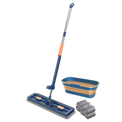Hand-free Mop Set with Bucket 6 Mop Cloth Stainless Steel Long Handle 360 Degree Rotating Flat Mop Wet Dry Use Injectable Mop