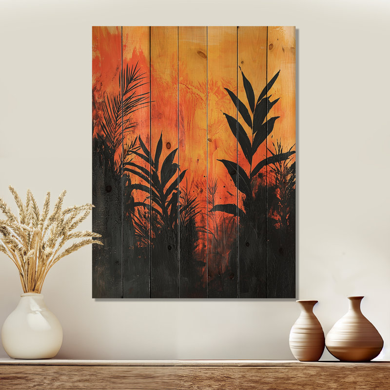 The Fiery Expressionism Tropical Forest I - Décoration murale en bois de plantes - sur bois de pin naturel