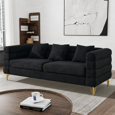 79" Modern 3 Seater Teddy Fleece Linen Blend Sofa With Gold Hardware Legs