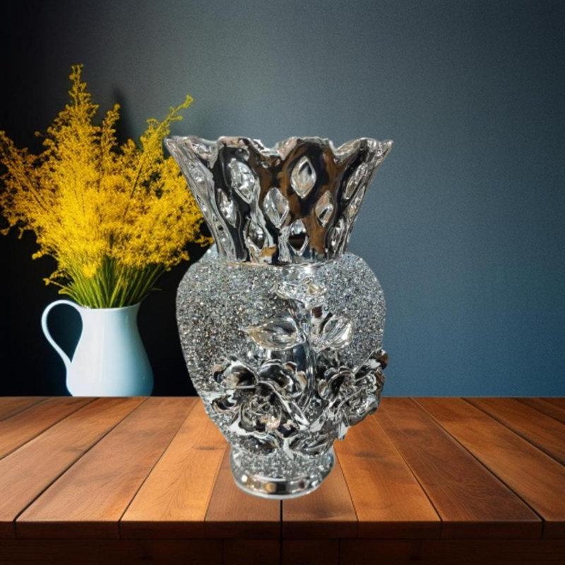 Silver Vase For Flowers Handmade Style Glitter Vase Decorative, 30cm H x 13cm W x 30cm D