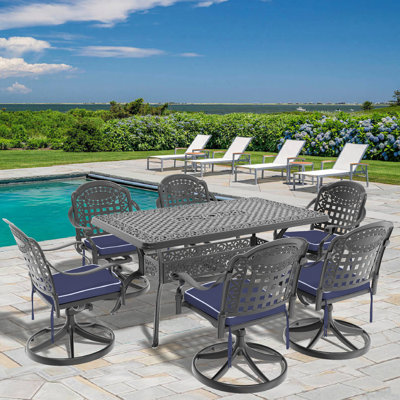 7 Outdoor Cast Aluminum Dining : 6 Swiveling Chairs & Rectangular Table, Black, Material, Comfortable Seating, 350Lbs Per Chair, 160Lbs Table Capacity, Includes Seat Cushions All-Weather
