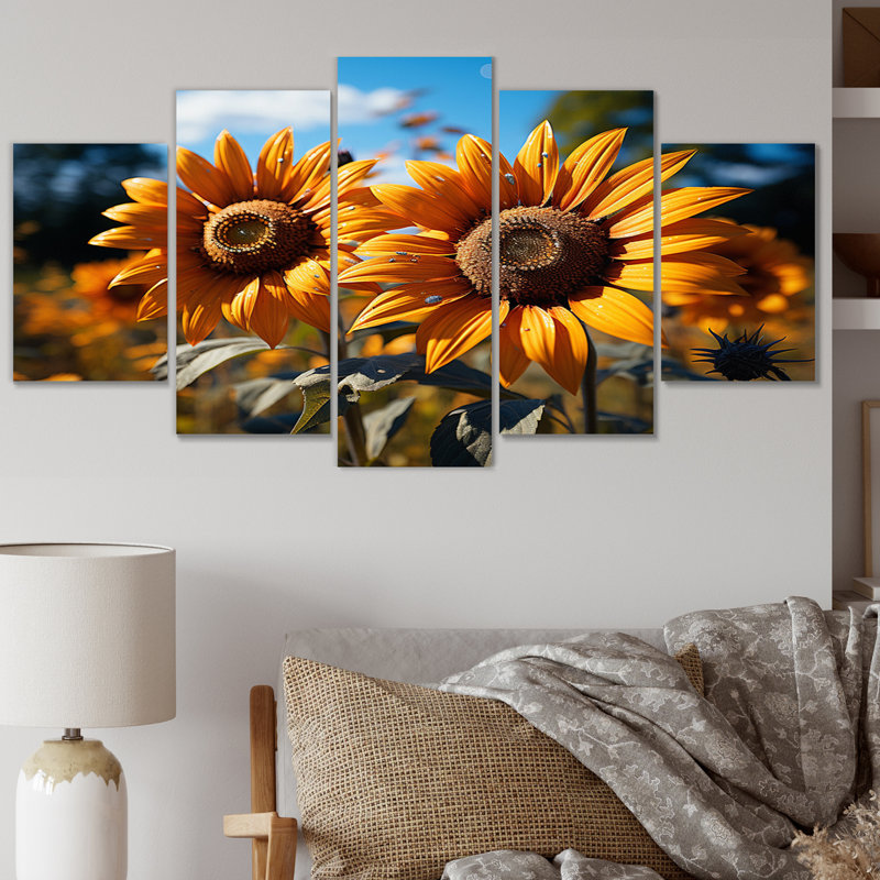 Tournesol champ vibrant jaune IV - impression sur toile florale - 5 panneaux