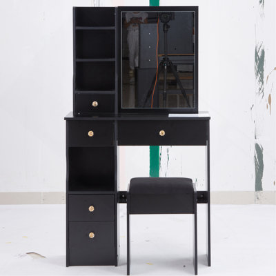Petit meuble-lavabo de 29,2 po avec tabouret de bureau et tabouret rembourré, très grand miroir coulissant à droite, rangement multi-couches à grande capacité, commode pratique et pratique, convient aux petits espaces