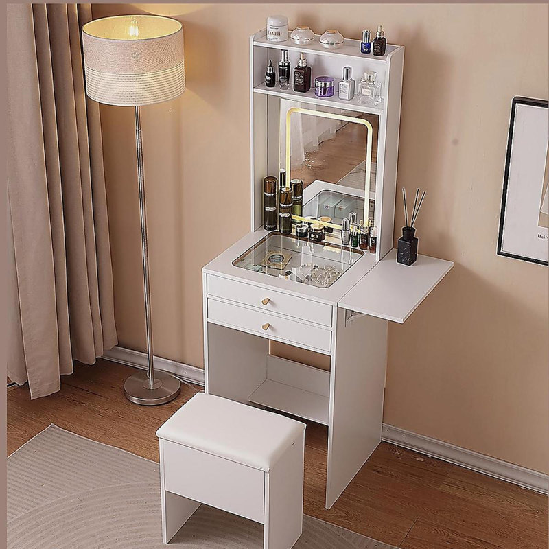 Bureau de coiffeuse avec miroir éclairé, coiffeuse de maquillage avec tiroirs et armoire de rangement pour chambre à coucher, bureau en verre, luminosité réglable à 3 modes d'éclairage, tabouret de rangement