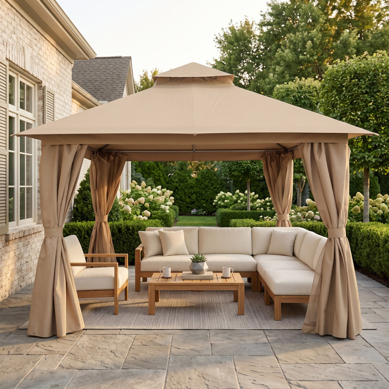 Gazebo d'extérieur 12'x12' avec moustiquaire et rideaux d'intimité, 8.8' H x 12' W x 12' D, Kaki