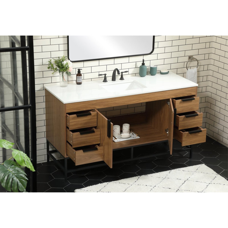 Eugene 60'' Single Bathroom Vanity with Engineered Marble Top, Walnut Brown
