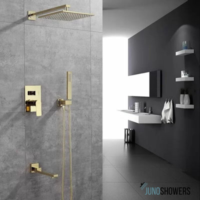 Juno White Design Gold Bath Shower Faucet & Shower Head with Handheld Shower