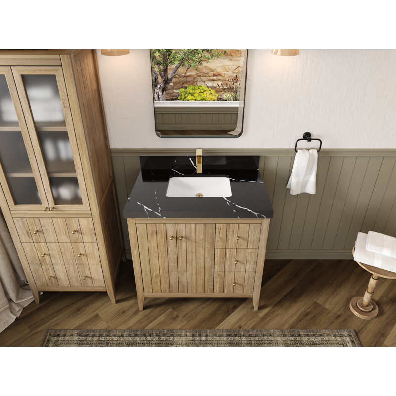 Atlanta Teak Wood 36 In. W X 22 In. D Center Sink Bathroom Vanity In Light Graywashed With 2 In. Quartz, Calacatta Black