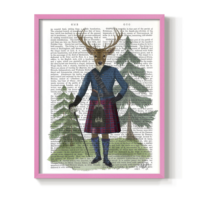 Scottish Deer Laird Tam OShunter, complet, reproduction d'art encadrée - bois massif, Rose, H 15 po x l 12 po
