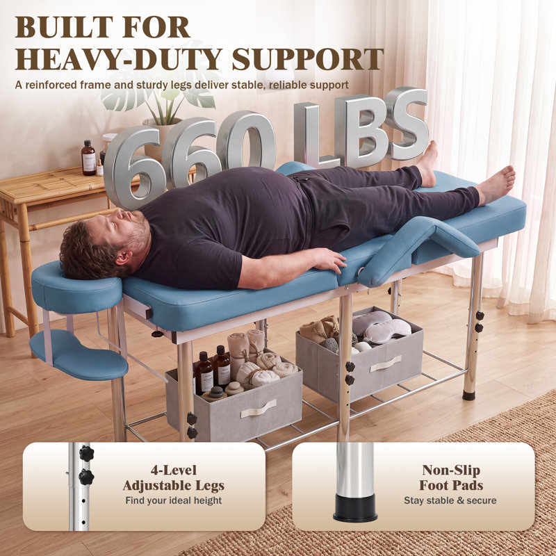 Table de massage réglable avec dossier inclinable de 0° à 85°, hauteur réglable sur 4 positions, appui-tête amovible et rangement