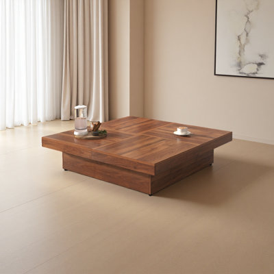 Table basse carrée en placage avec plateau coulissant et rangement