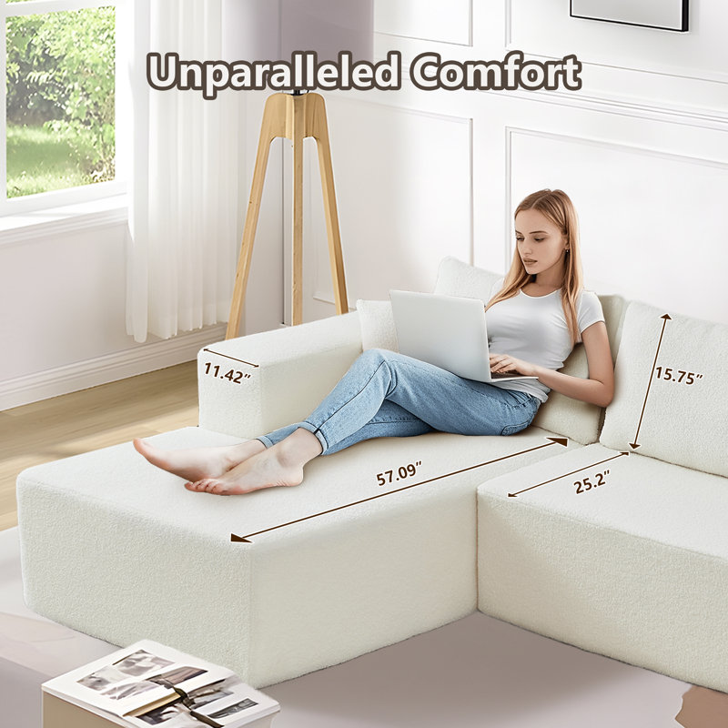 Canapé modulaire en L Sherpa, Fausse fourrure blanche