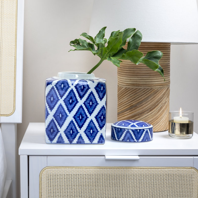Blue and White Ceramic Ginger Jar with Lid