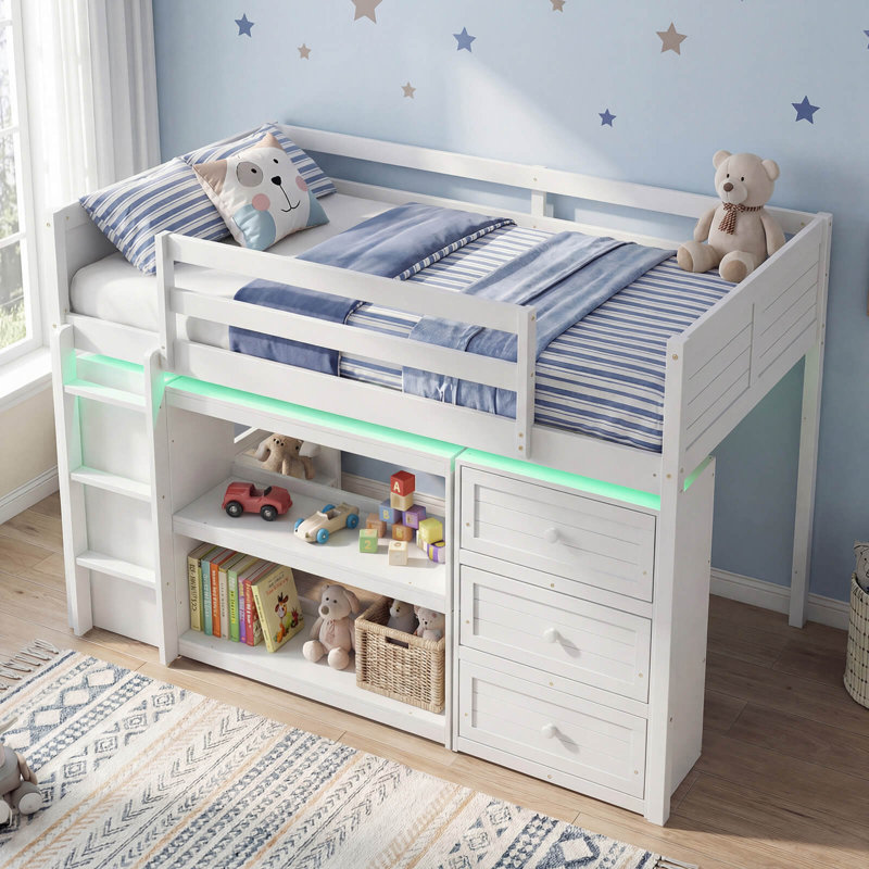 Twin Size Loft Bed with LED Lights Underbed Space Drawers Shelves Ladder White, White