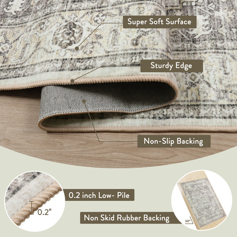 Watte Vintage Moroccan Washable Area Rug, Non-Slip Backing Low Pile Indoor Rug for Living Room, Bedroom, Dining Room or Office