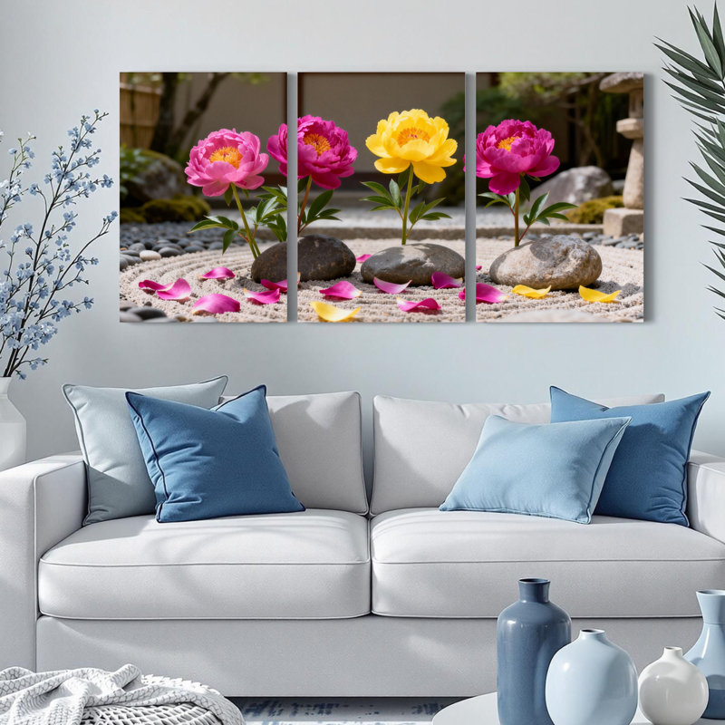 Ensemble de 3 tableaux sur toile tendue représentant des pivoines et un jardin zen, H 18 po x l 36 po